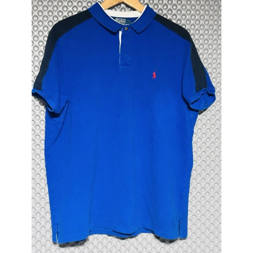 Polo By Ralph Lauren Blue Snap Rugby Polo Short Sleeve Shirt XXL Custom Fit VTG